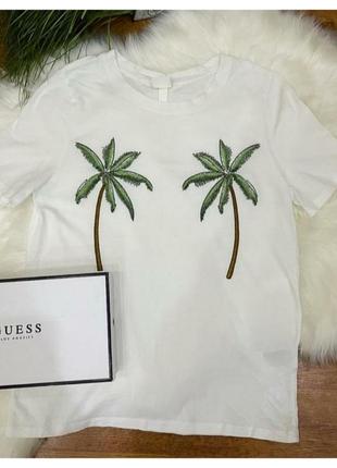 Белая хлопковая футболка с вышитыми пальмами ✨h&m✨ хлопок5 фото