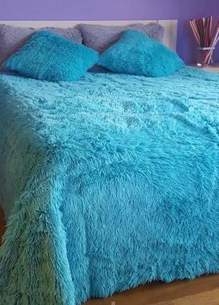Одеяло покрывало травка с наполнителем холлофайбер меховое с длинным ворсом 210*230 голубой1 фото
