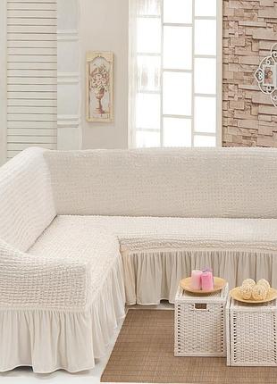 Универсальный натяжной чехол на угловой диван с рюшей