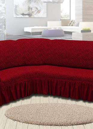 Жаккардовый универсальный натяжной чехол на угловой диван с рюшей