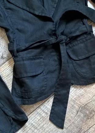 Чёрный короткий пиджак,блейзер,жакет на запах/под пояс/100% лён/s/h&m3 фото