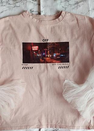 Трендова кофта з прозорими пишними рукавами з принтом