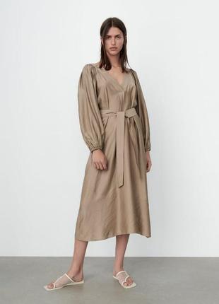 Однотонне натуральне плаття міді з поясом zara - xs