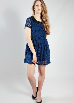 Женское платье синее гипюровое с воротничком1 фото