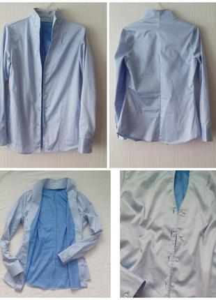 Голубая офисная рубашка блузка воротник стойка4 фото