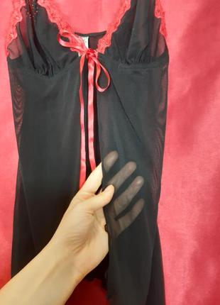 Идеальный чёрный чорний однотонный красный кружевной сексуальный секси перьюар в сеточку прозрачный со стразами на тонких бретелях короткий5 фото