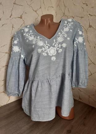 100% бавовна жіноча блуза в смужку натуральна блузка з вишивкою дрібна квітка вишиванка3 фото