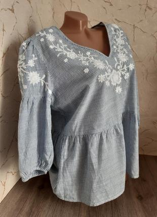 100% бавовна жіноча блуза в смужку натуральна блузка з вишивкою дрібна квітка вишиванка1 фото
