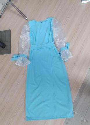 Роскошное голубое платье с рукавами из органзы2 фото