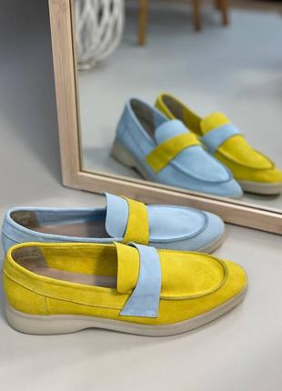 Ексклюзивні лофери туфлі натуральна італійська шкіра і замша жовті з блакитним