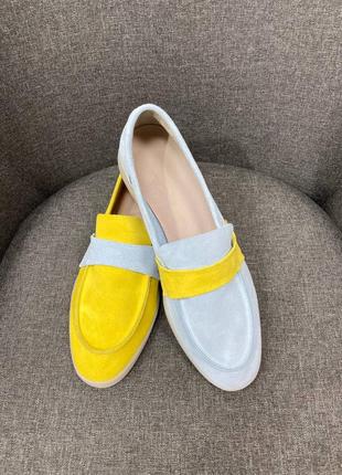 Эксклюзивные лоферы туфли натуральная итальянская кожа и замша жёлтые с голубым8 фото