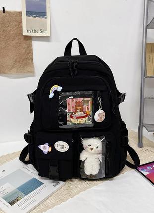 Рюкзак школьный для девочки teddy beer(тедди) с брелком мишка и стикерами черного цвета