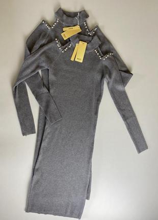 Сіре в'язане плаття сукня в рубчик з відкритими плечима не zara1 фото