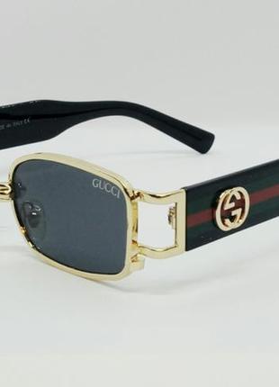 Gucci очки унисекс модные узкие солнцезащитные чёрные в золотом металле