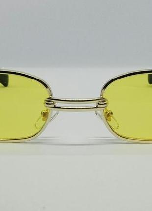 Gucci модные узкие солнцезащитные очки унисекс жёлтые в золотом металле2 фото