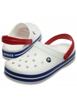 Мужские сабо crocs crocband clog кроксы белые с синим 11016-11i white/blue