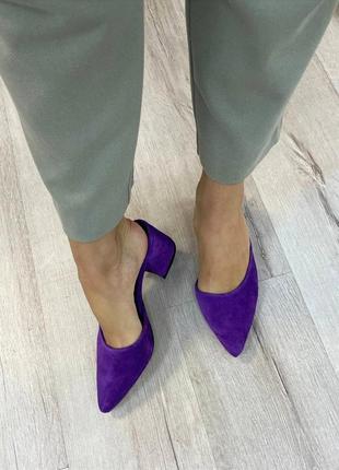Дизайнерські фіолетові сабо з гострим носком натуральна замша шкіра 🔰 дизайнерскте саюо натуральна замша, шкіра1 фото