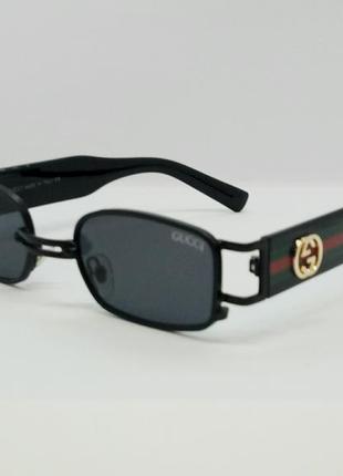 Gucci очки унисекс модные узкие солнцезащитные чёрные в чёрном металле