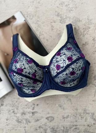 Темно-синій мереживний бюстгальтер великих розмірів, прозорий ліфчик на чашку е