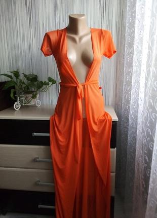 Оранжевое макси-кимоно с короткими рукавами2 фото