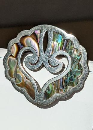 Винтажная серебряная брошь мексика серебро 925 абалон морское ушко ракушка перламутр брошка