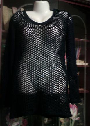 Свитер "рыбачья сетка" темно-синего цвета в комплекте с майкой размера плюс сайз