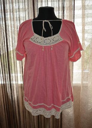 Натуральная футболка, трапеция, с кружевом, летучая мышь