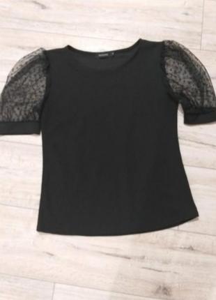 Чорна футболка блуза з об'ємними рукавами-буфами у сітку горох s-m