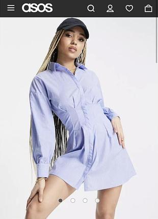 Missguided платье голубое в полоску объёмные рукава талия сборка винтажный стиль пуфы талия корсет