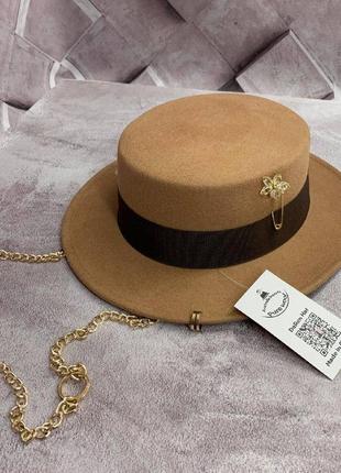 Шляпа канотье фетровая с цепью и пирсингом pin flower бежевая фетр шерсть (дефект)