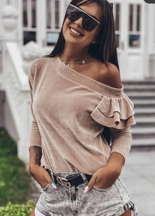 Жіноча оксамитова кофта зі спущеним плечем 42-46 ,48-52, 3 кольори sin2030-463уве