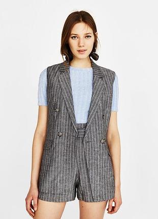 Льняная классическая удлиненная серая жилетка ,лен  bershka