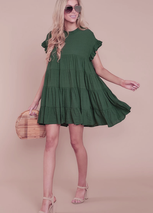 Повседневное лёгкое котоновое летнее платье беби долл на лето оливковый оверсайз1 фото