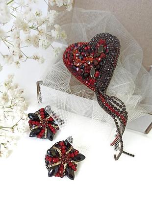 Набір прикрас україна, брошка серце і сережки бордово-чорного кольору, ручна робота