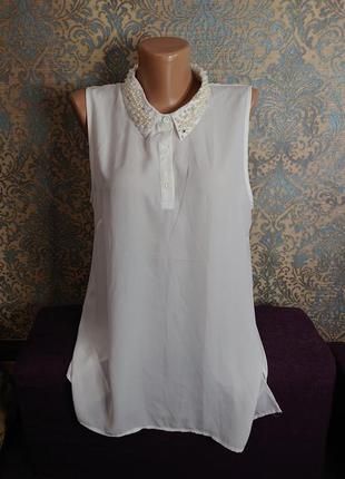 Женская белая блуза без рукавов с красивым жемчужным воротником блузка блузочка размер 46/48