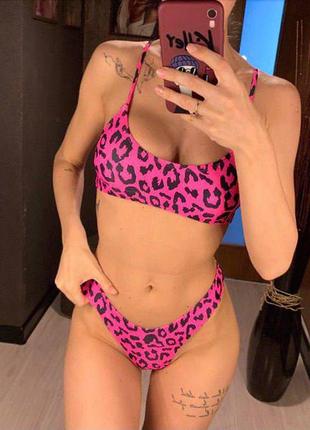 Женский раздельный купальник бразильское бикини с леопардовым принтом розовый яркий