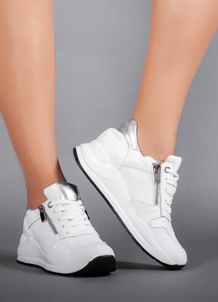 Женские белые кожаные кроссовки на молнии и шнурках размер 36-415 фото