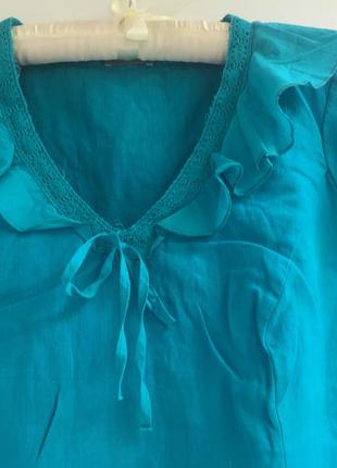 Яскрава натуральна лляна блуза, натуральний льон, бірюза3 фото