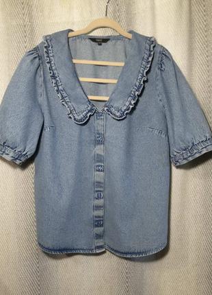 100% коттон жіноча стильний джинсовий блузка блуза сорочка з об'ємними пишними рукавами коміром2 фото