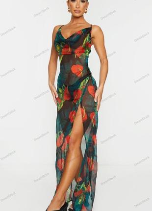 Пляжна сукня з коміром-хомутом та пальмово-квітковим принтом.1 фото