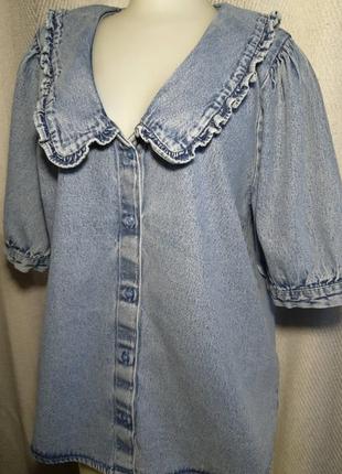 100% коттон жіноча стильний джинсовий блузка блуза сорочка з об'ємними пишними рукавами коміром1 фото