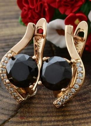 Серьги xuping позолота 18к с черным фианитом, (размер 18*9мм, вес 3,2г)
