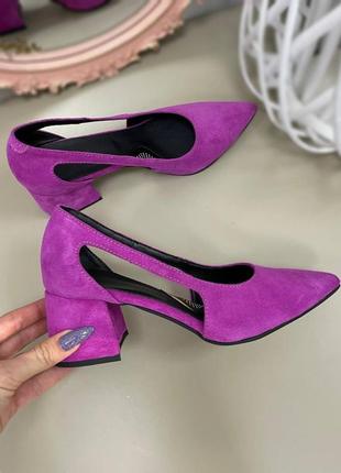 Туфлі фіолет дизайнерські з вирізами 35-41 натуральна шкіра замш 🔰 туфлі з вирізами натуральна шкіра замш без боковин