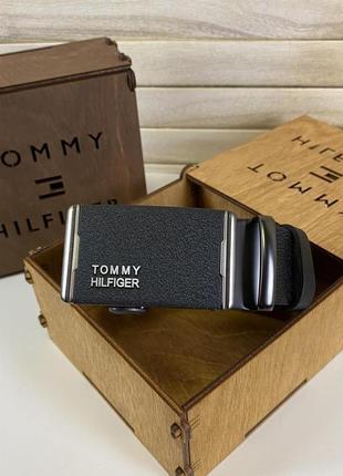 Мужской кожаный ремень автомат черный в стиле tommy hilfiger, пояс из натуральной кожи томми хилфигер