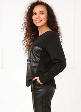 Женская стильная кофта со вставками эко кожи джемпер свитшот2 фото