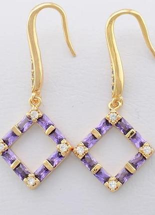 Сережки xuping 23015, розмір 33*14мм, позолота 18к, вага 2,8 м, фіолетові фіаніти
