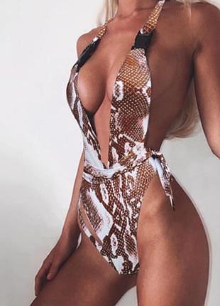 Жіночий відрядний купальник із зав'язками зміїний принт коричневий l