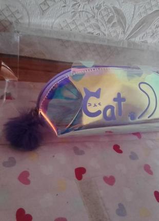 Блестящий переливающийся пенал с котиком  зеркальный пенал  косметичка  с пушком