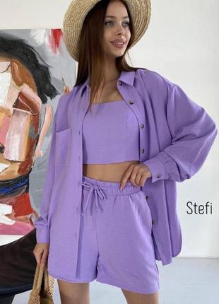 Жіночий легкий фіолетовий костюм сорочка топ шорти і штани штани модний трендовий стильний однотонний базовий2 фото