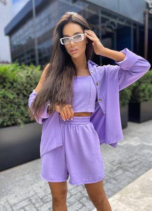Жіночий легкий фіолетовий костюм сорочка топ шорти і штани штани модний трендовий стильний однотонний базовий5 фото